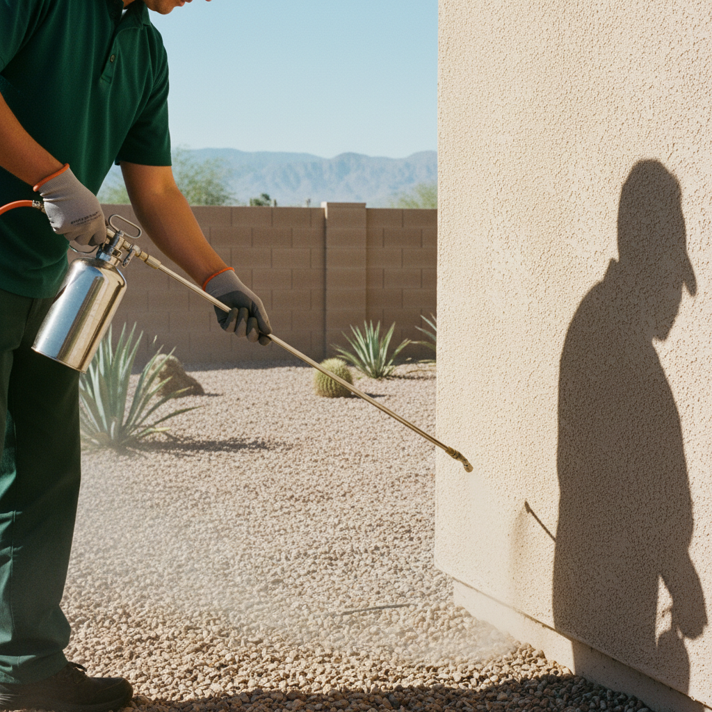 Las Vegas pest control technician treating the perimeter of a desert home